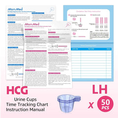 MomMed ovulation test strips with collection cups showing instruction inserts urine cup and time tracking chart