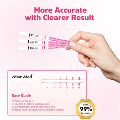 Hand holding MomMed ovulation test strips with collection cups. Clear results and easy guide shown on pink background