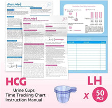 Urine cups, instruction manual, and ovulation tracking charts for LH tests (50)