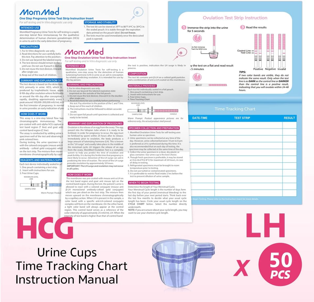 MomMed ovulation test strips with collection cups box showing instruction sheets urine cup and time tracking chart