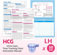 MomMed ovulation test strips with collection cups box showing instruction sheets urine cup and time tracking chart