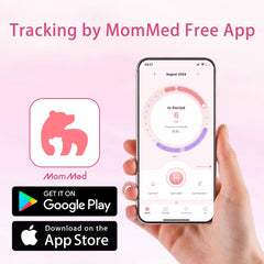 Hand holding phone showing MomMed app with store badges and MomMed ovulation test strips with collection cups