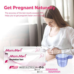 MomMed ovulation test strips with collection cups displayed with product boxes and a woman holding her belly