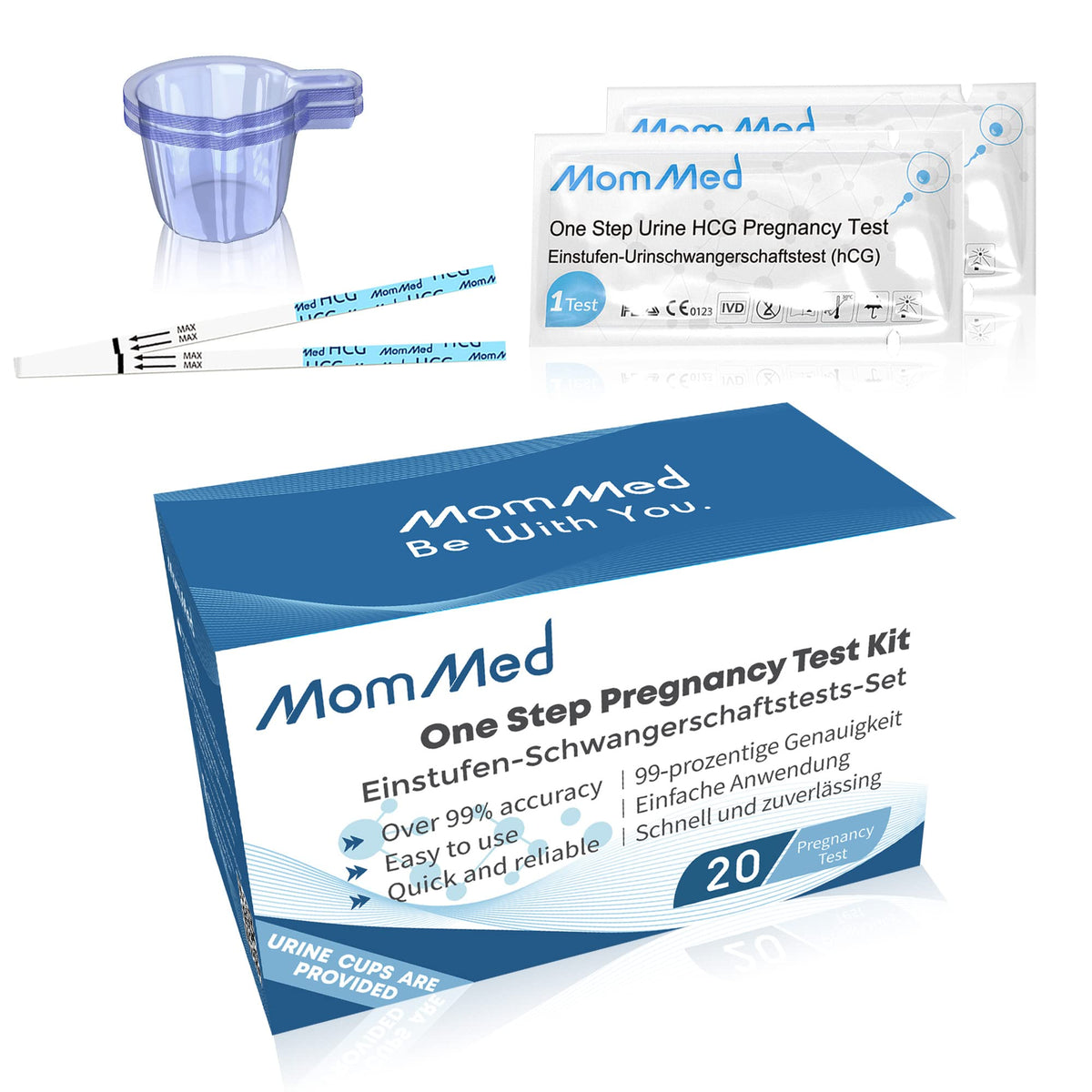 MomMed pregnancy test kit UAE full box with 20 one step urine HCG test strips cups and sealed packets