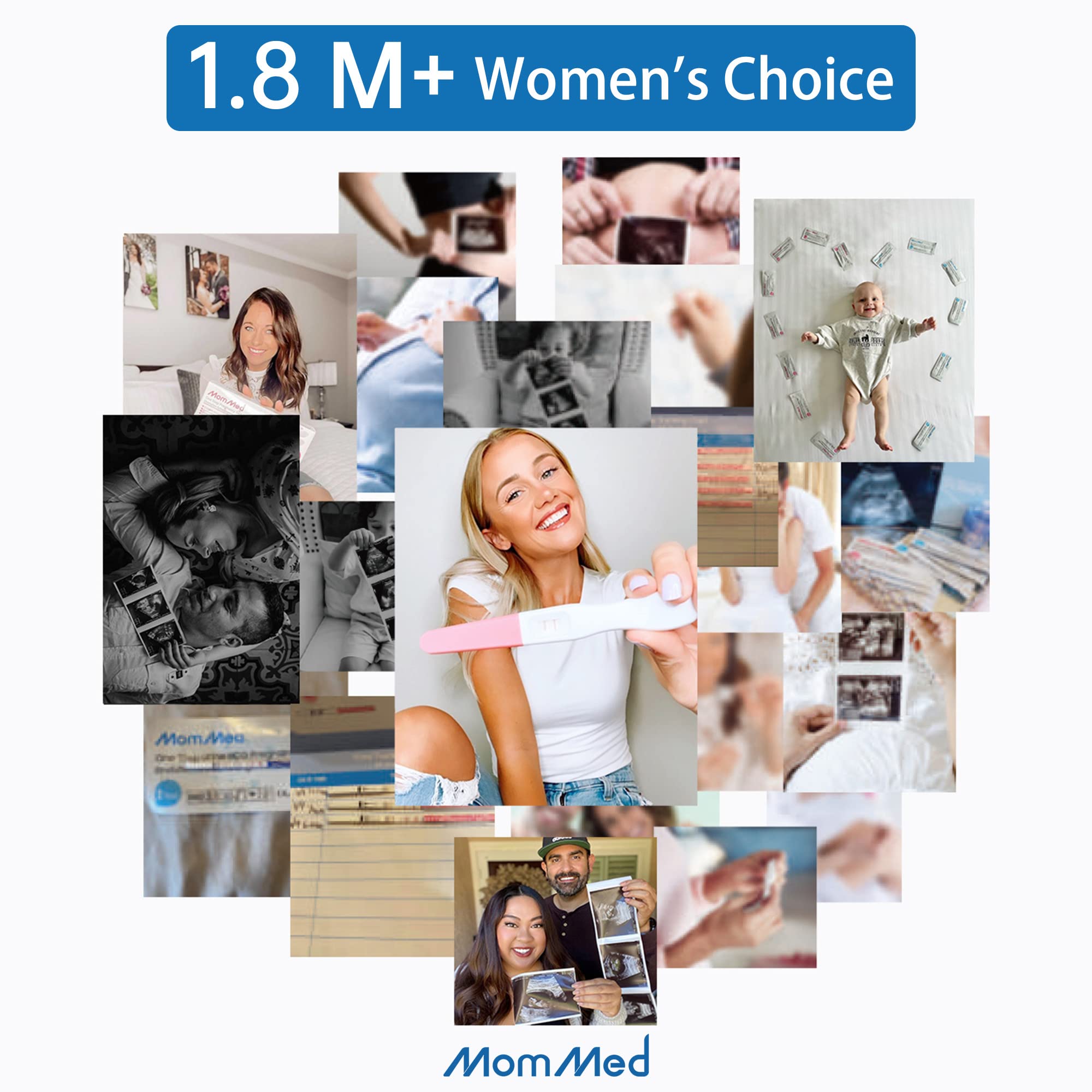 Smiling woman holding a positive test stick in collage promoting MomMed pregnancy test kit UAE for at home early detection