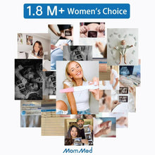 Pregnancy test kit collage with woman holding home test strip, 1.8 M+ badge