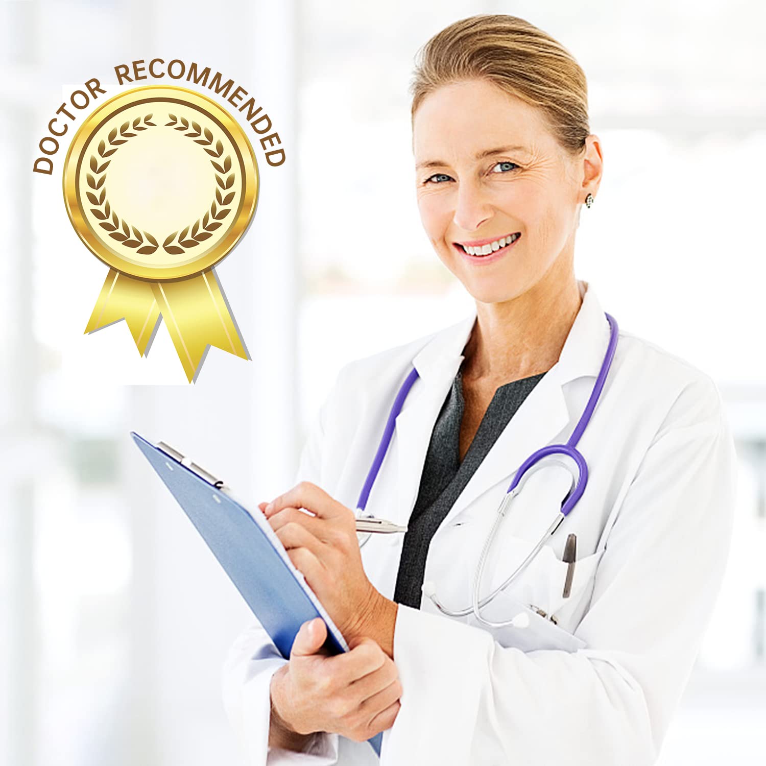 MomMed pregnancy test kit UAE image showing smiling female doctor with stethoscope holding clipboard and doctor recommended badge