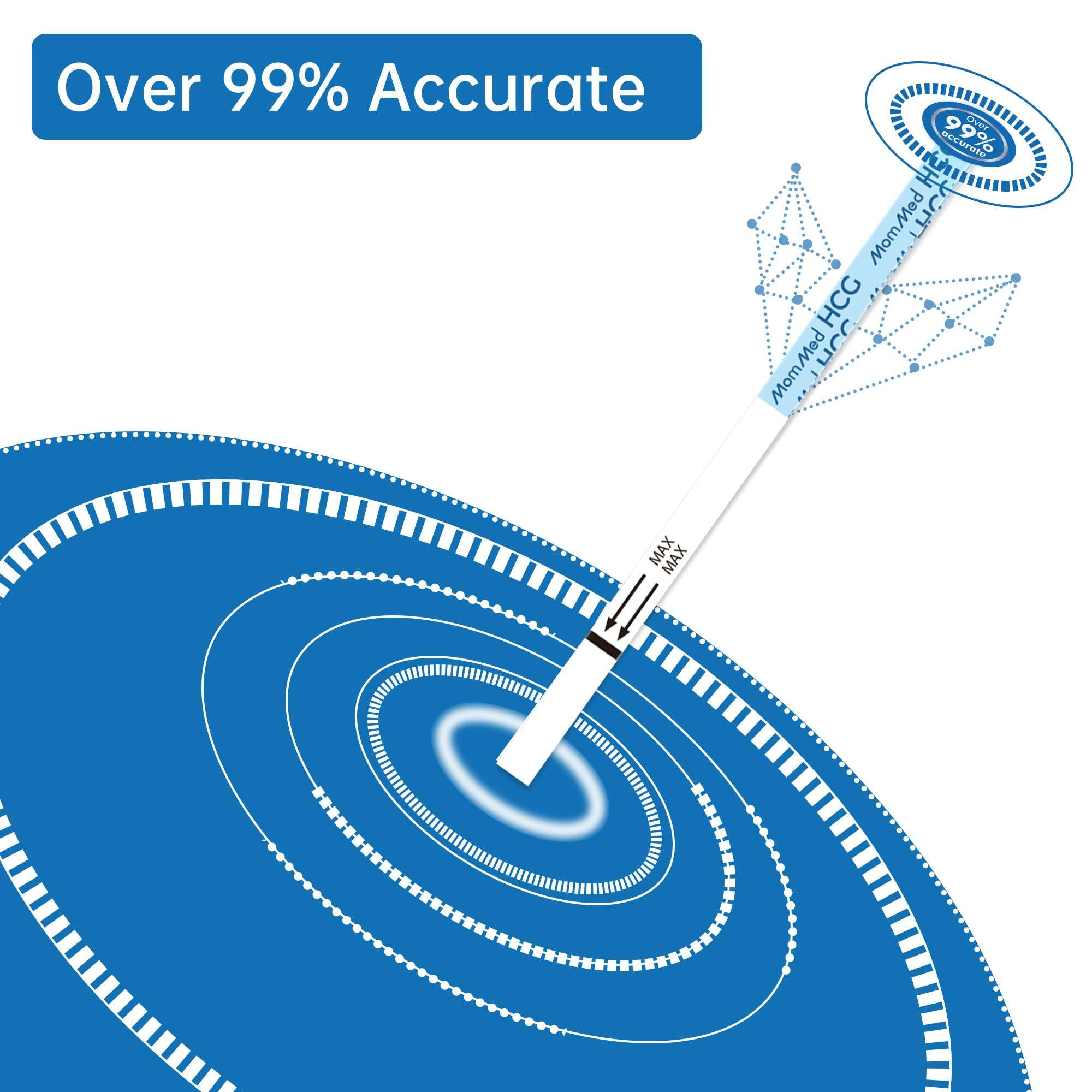 MomMed pregnancy test kit UAE showing branded dipstick on blue target graphic and over 99 percent accuracy claim