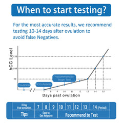 MomMed pregnancy test kit UAE infographic showing hCG rise and recommending testing 10 to 14 days after ovulation