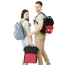 Two-tone baby travel backpack, black top and red bottom with white dot mouse-face design