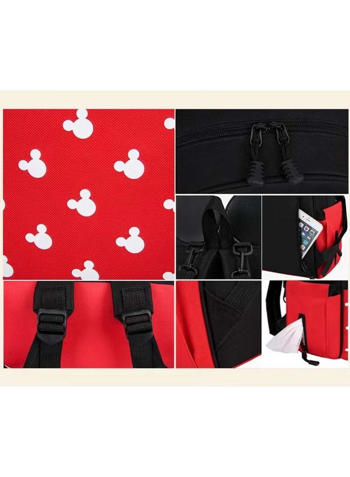Huitich black and red baby travel bag with Mickey Mouse pattern and multiple compartments