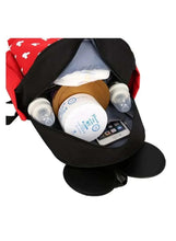 Baby travel backpack open interior with bottles, wipes, and device compartment