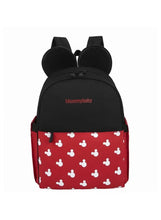 Black and red baby travel backpack with white character print and Mommybaby logo on front