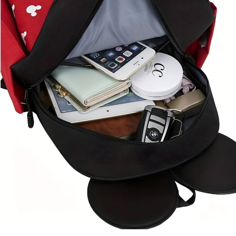 Huitich casual backpack open showing contents black and red baby travel bag with phone and keys