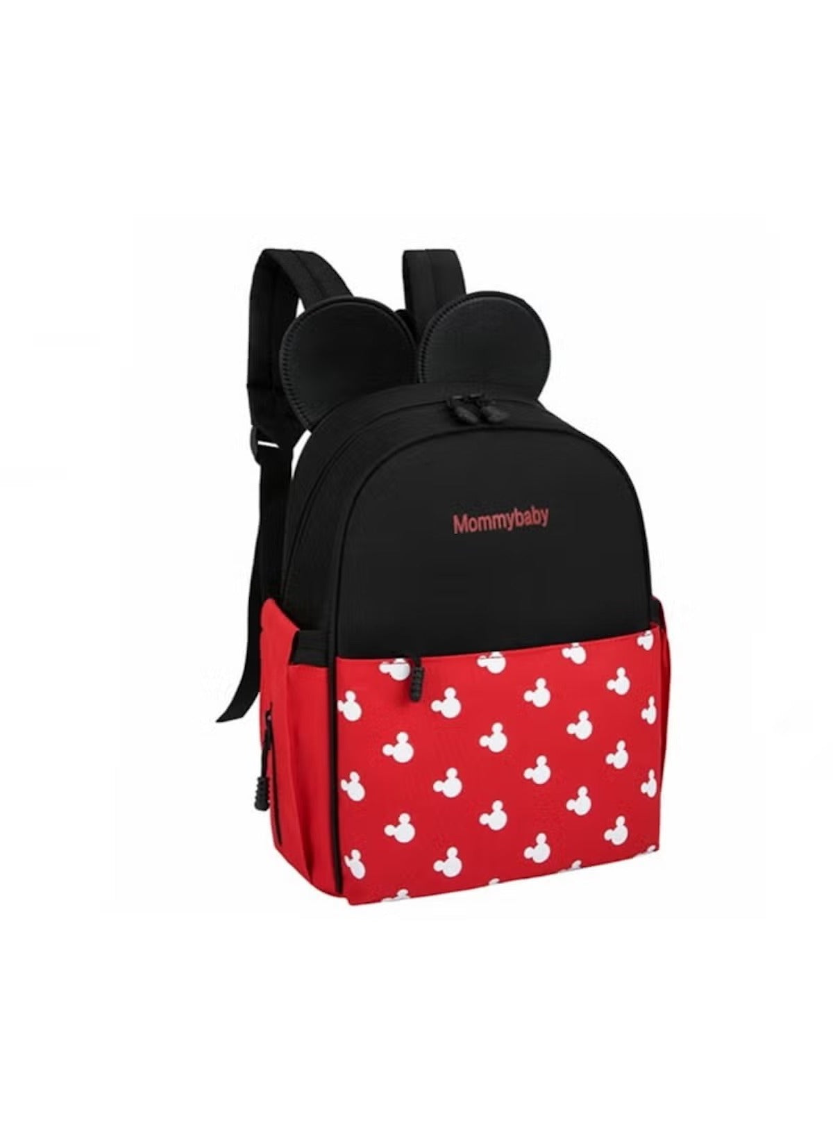 Black and red baby travel bag featuring playful mouse design and comfortable straps for parents