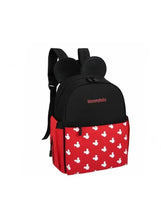 Black and red baby travel backpack with white character print and Mommybaby logo