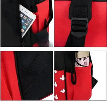 Detail views of black-and-red baby backpack: straps, pocket, and interior with Mickey print