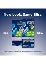 Baby gripe water nighttime packaging fronts with 'New Look. Same Bliss' text