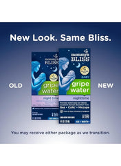 Mommy's Bliss baby gripe water for sleep displayed in new and old packaging to aid gas and colic relief