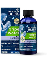 Baby gripe water nighttime supplement bottle with black cap and blue label