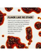 Spicy chili crunch label graphic with chili oil drops and crunchy pepper bits