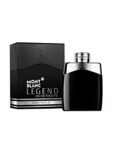 Mont Blanc Legend eau de toilette bottle with silver cap, beside matching box
