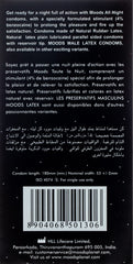 Back view of Moods all-night condoms 12 pack black box showing product info and barcode for single use