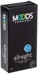 Moods all-night condoms 12 pack black box with MOODS logo and allnight climax delay condoms
