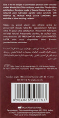 Red Moods condoms 12 pack box back showing product information text in multiple languages and barcode