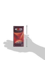 Moods condoms 12 pack ultrathin box packaging shown on hand silhouette for scale