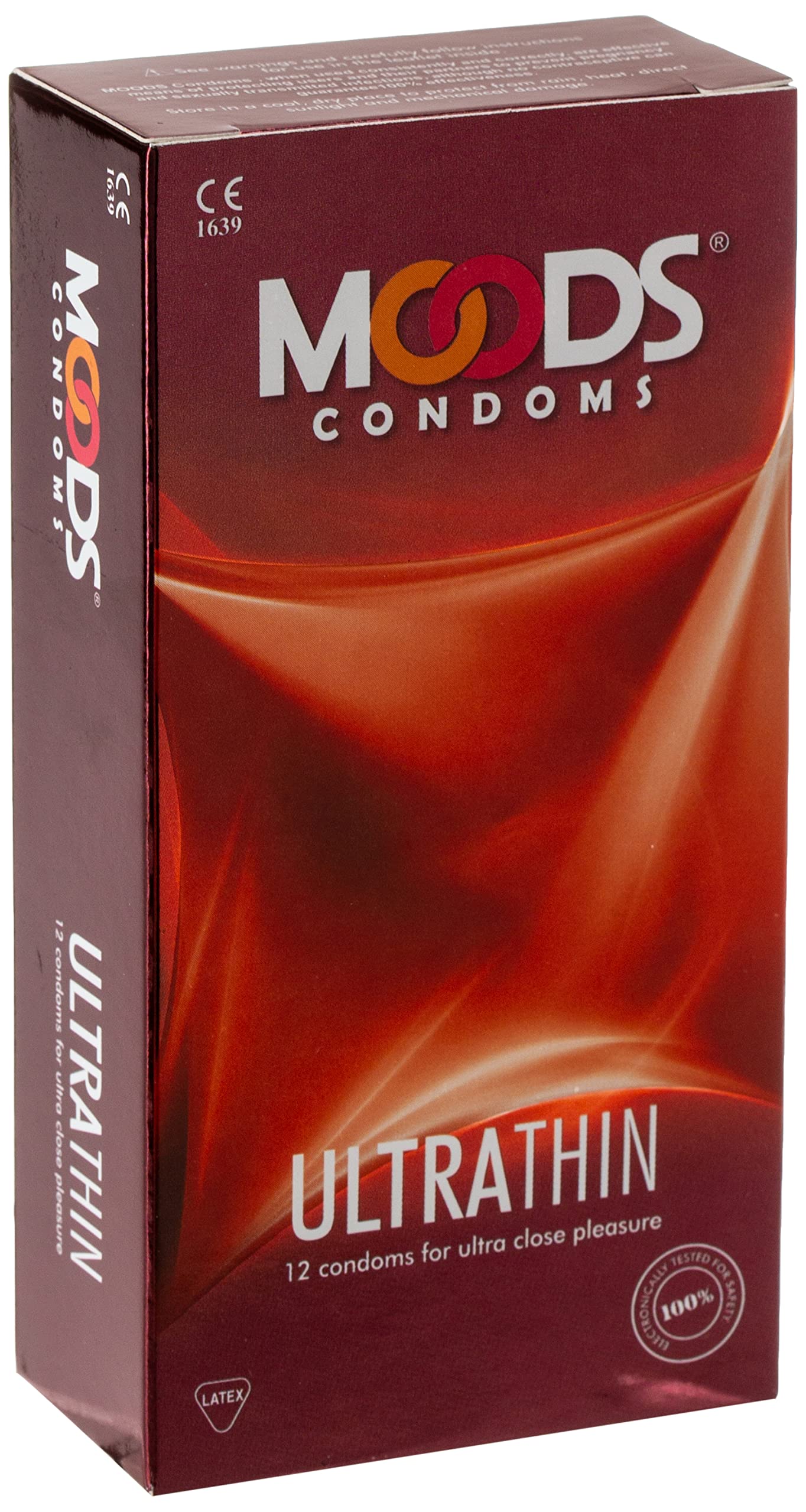 Moods condoms 12 pack box of Moods UltraThin condoms maroon packaging 12 ultrathin latex condoms for ultra close pleasure
