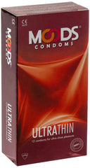 Moods condoms 12 pack box of Moods UltraThin condoms maroon packaging 12 ultrathin latex condoms for ultra close pleasure