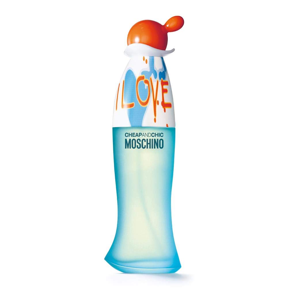 Moschino I Love Love perfume for women bottle with a unique colorful cap design and blue gradient glass