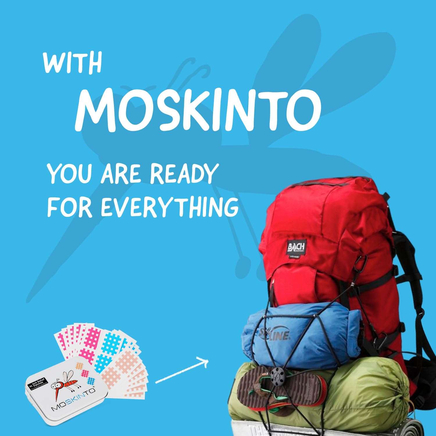 Mumzar mosquito itch relief patches displayed with red hiking backpack and camping gear