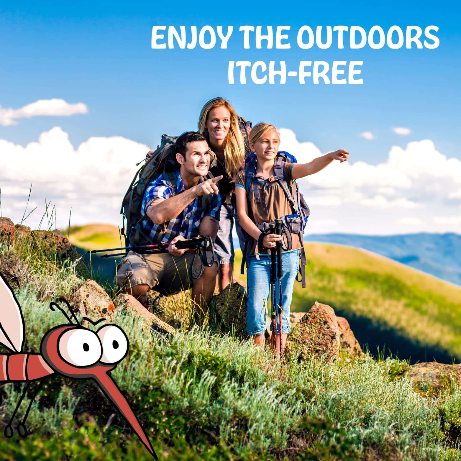 Mumzar family hiking on sunlit hills with cartoon mosquito promoting mosquito itch relief patches for outdoor protection