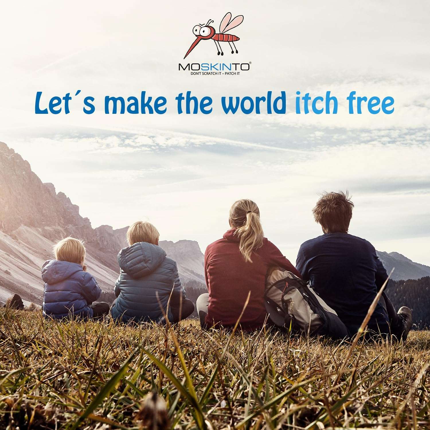 Family of four sitting on mountain meadow with Moskinto logo and slogan promoting mosquito itch relief patches by Mumzar