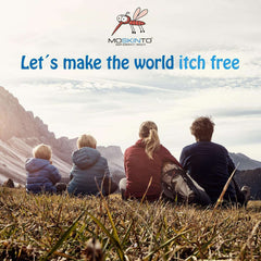Family of four sitting on mountain meadow with Moskinto logo and slogan promoting mosquito itch relief patches by Mumzar