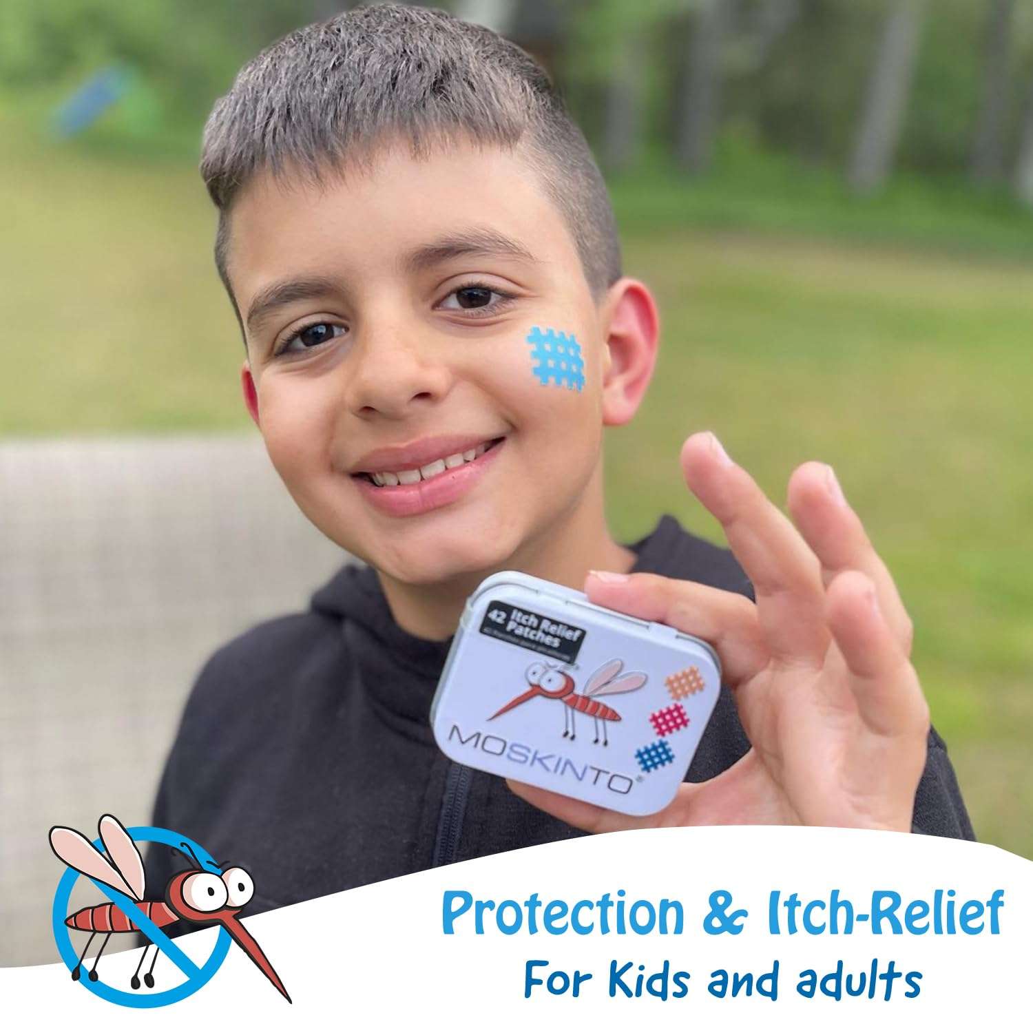 Smiling boy outdoors with blue square patch on cheek holding Moskinto tin showing mosquito itch relief patches for kids and adults