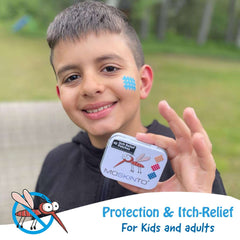 Smiling boy outdoors with blue square patch on cheek holding Moskinto tin showing mosquito itch relief patches for kids and adults