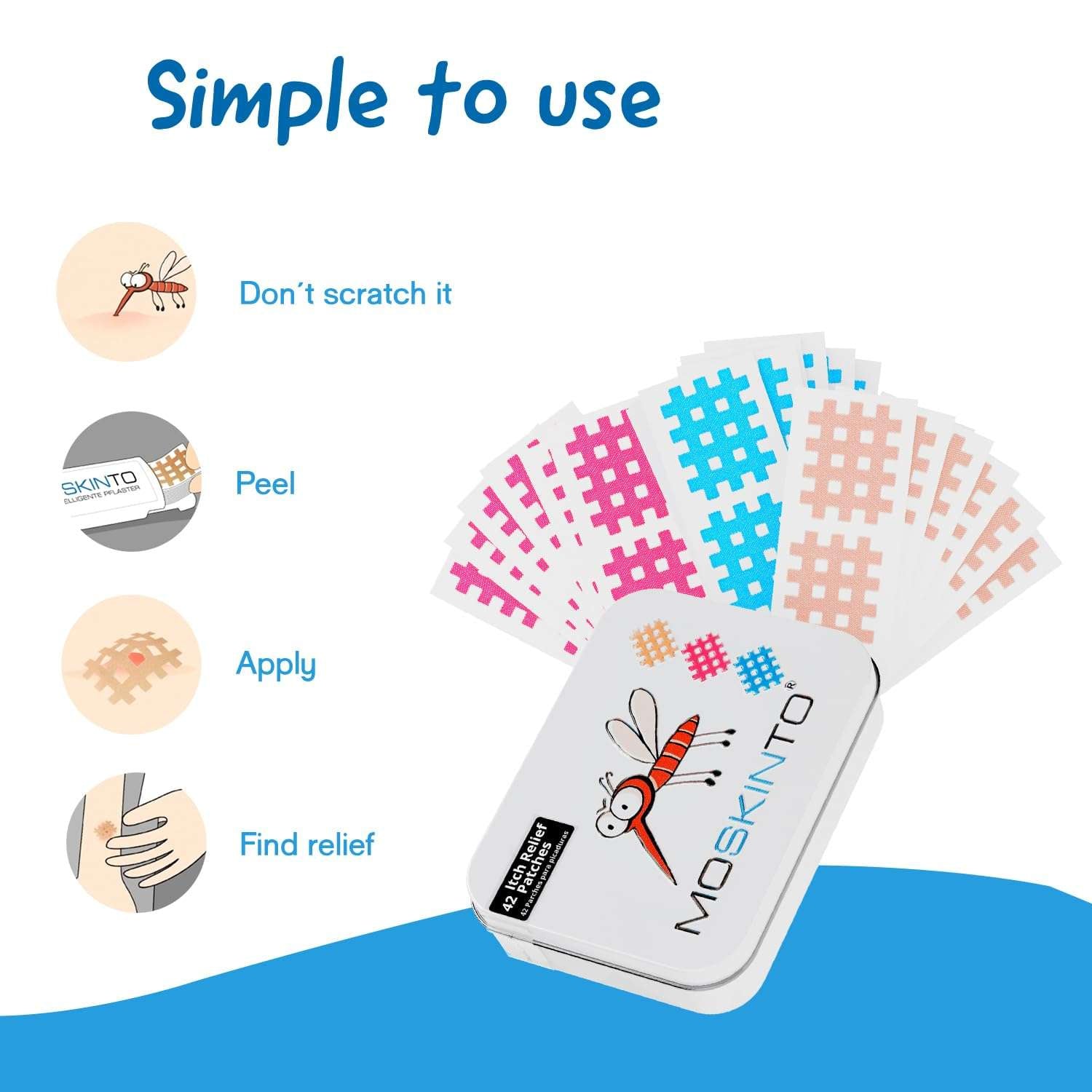 Mumzar tin with colorful grid adhesive strips and instructions for quick mosquito itch relief patches