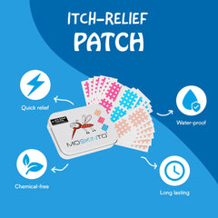 Tin of Moskinto mosquito itch relief patches showing colorful adhesive patches and waterproof long lasting chemical free benefits