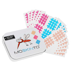 Tin of Mumzar MOSKINTO mosquito itch relief patches with assorted pink blue beige grid patches