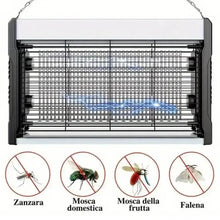 Mosquito killer lamp with front grid and insect warning icons