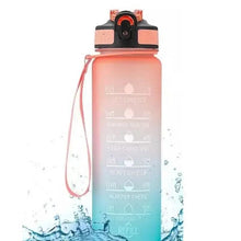 1L motivational sports water bottle, flip-top cap, pink carry cord, blue-orange