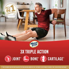Move Free Ultra Triple Action review man doing chair dips in living room with product badge showing joint bone cartilage support