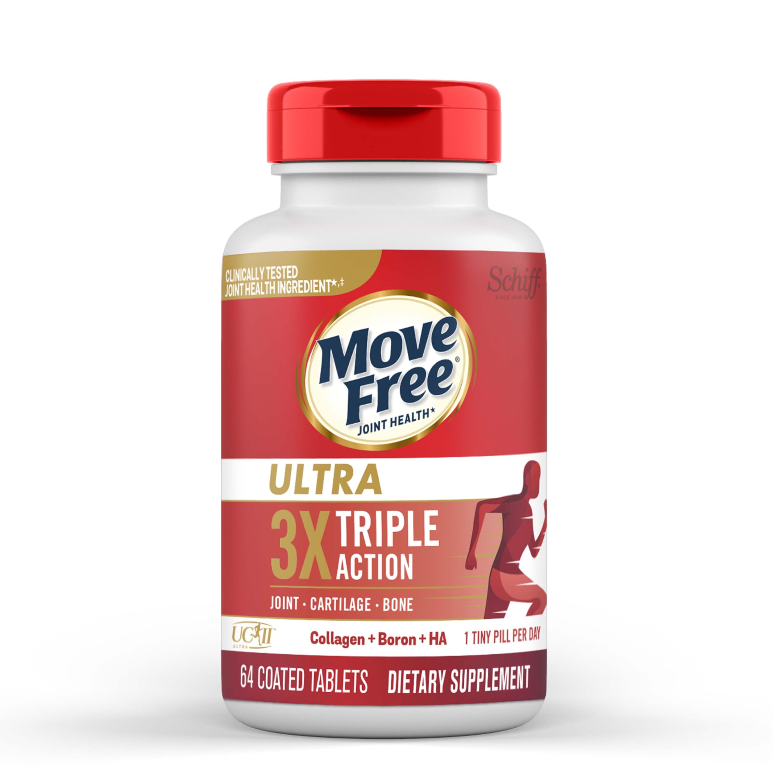 Move Free Ultra Triple Action review bottle showing Move Free Ultra 3X triple action joint supplement 64 tablets