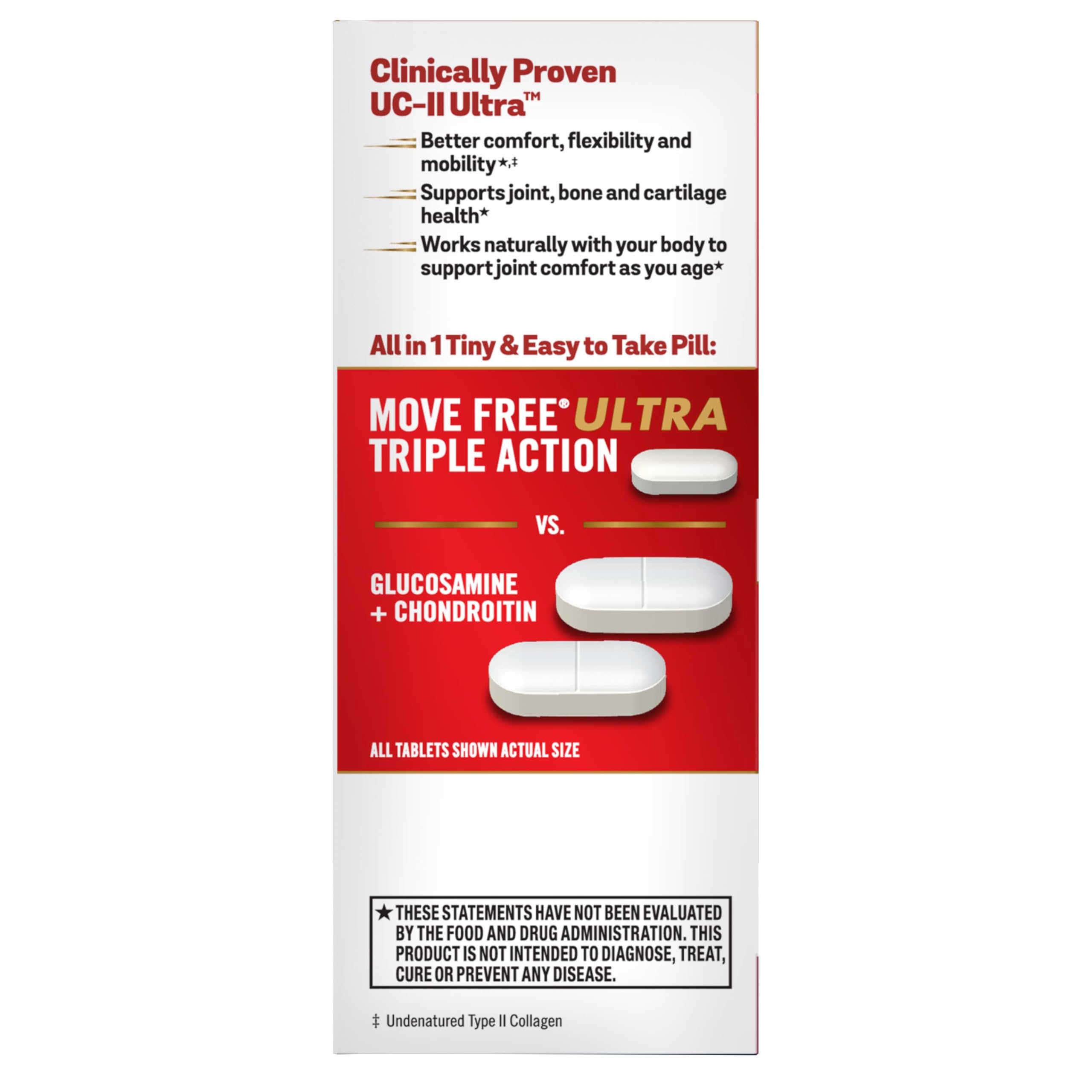 Move Free Ultra Triple Action review packaging showing tiny white pill and larger glucosamine plus chondroitin tablets on red box