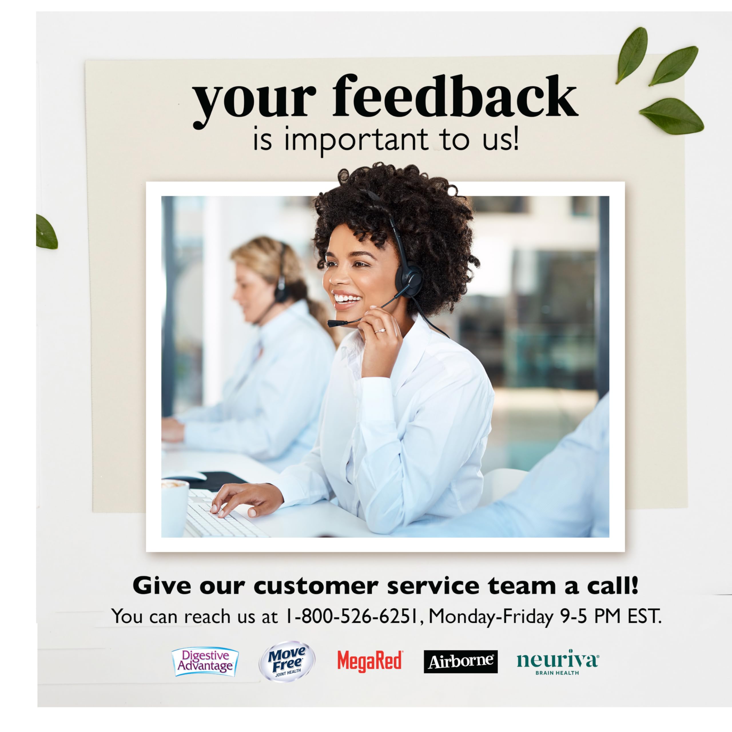 Customer service representative smiling at call center with your feedback sign Move Free Ultra Triple Action review