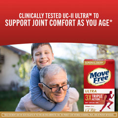 Grandfather and grandson outdoors beside Move Free Ultra Triple Action supplement box Move Free Ultra Triple Action review