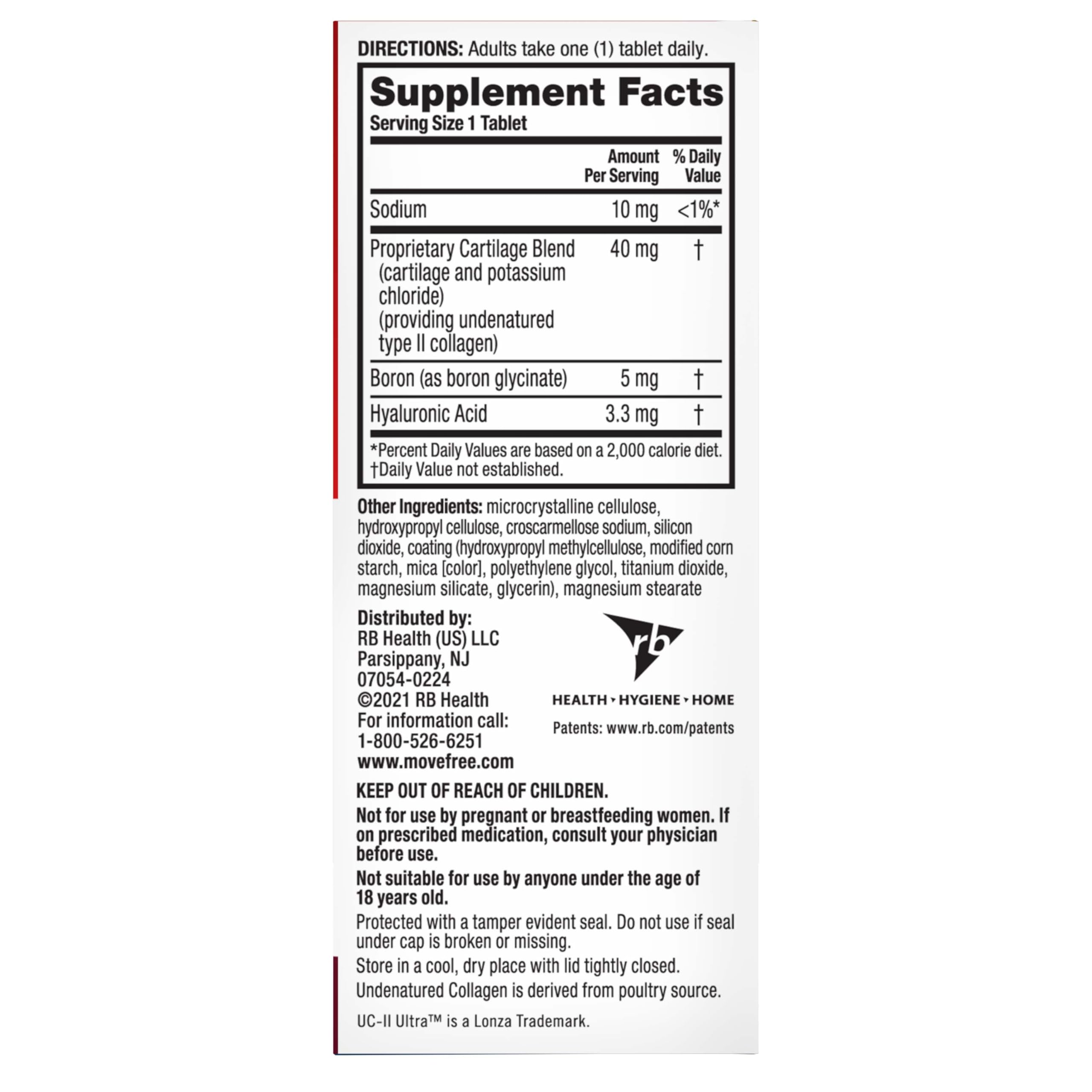 Move Free Ultra Triple Action review product Supplement Facts label showing hyaluronic acid boron collagen and sodium amounts